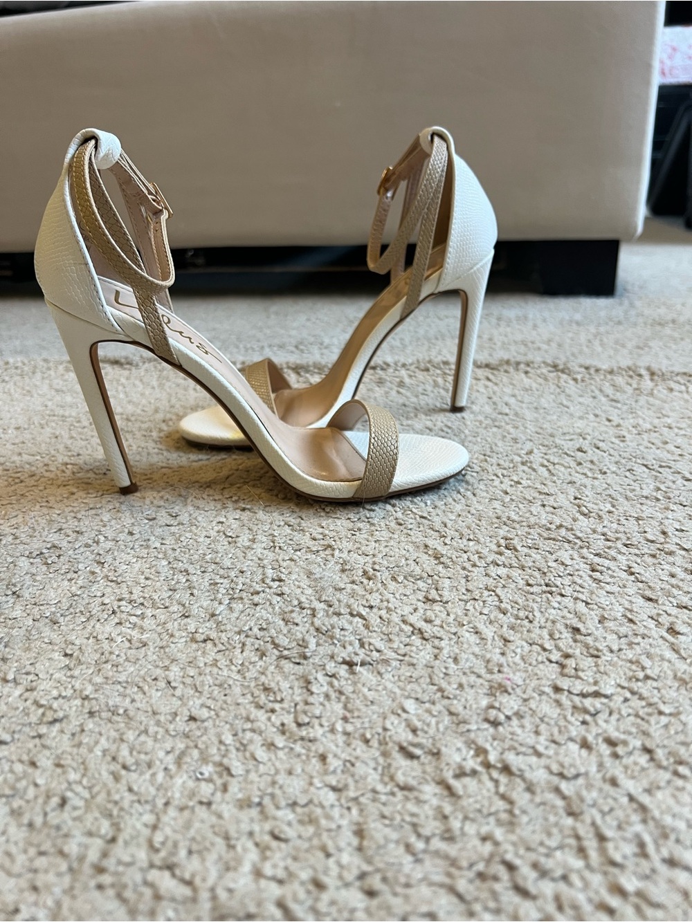 Lulu's Cream and Gold Textured Ankle-Strap Stiletto Heels